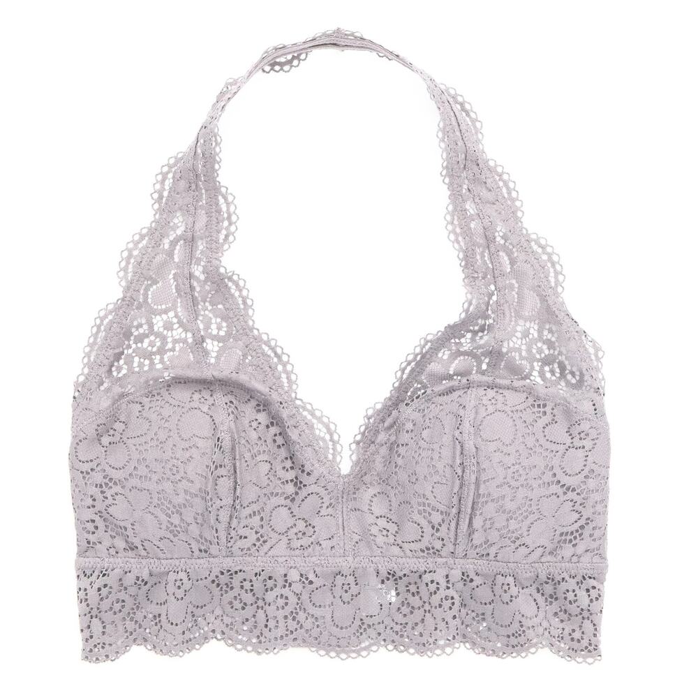 Aerie Light Gray Wildflower Lace Padded Halter Bralette Sz Large Removable Pads